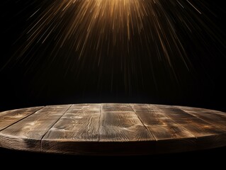 Experience the Mystery: Lone Wooden Table Against Dramatic Black Backdrop Generative AI