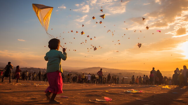 Hyperrealistic photo of a child celebrating the Makar Sankranti festival with sky full of kites