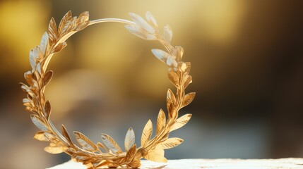 Golden Greek wreath in close-up. Antique blurred background