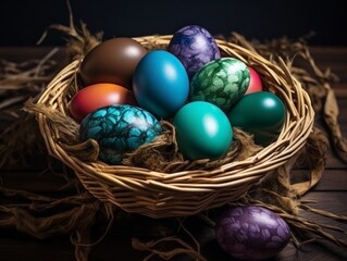 Fototapeta na wymiar Experience the Joy of Easter: Vibrant Egg Collection on Rustic Wood! Generative AI