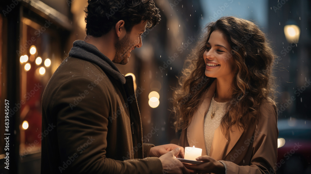 Wall mural young handsome man gives a gift to a beautiful woman on a city street, date, love, Christmas, Valentine's day, guy and girl, romance, boyfriend, new year, family, couple of lovers, birthday, emotions