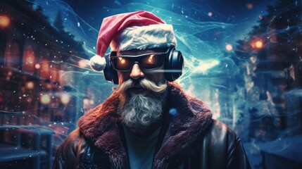 Santa in VR glasses. Christmas background. Christmas computer game.