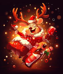 drunk, fawn, funny, cute, christmas, deer, lights, celebrate, new year, drink, festive, dance, comic character, red, nose, gamut, digital art, design, drawing, colorful, banner, cartoon, xmas, rudolph