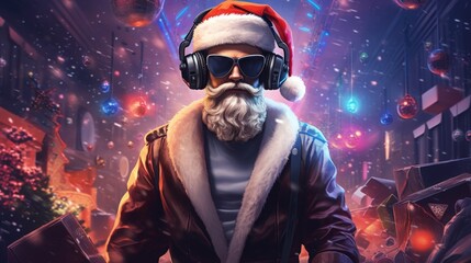 Santa in VR glasses. Christmas background. Christmas computer game. - obrazy, fototapety, plakaty