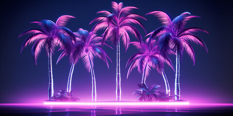 Fototapeta na wymiar Coconut palm trees on tropical island beach at vivid colorful sunset Free vector palm silhouettes background.AI Generative 