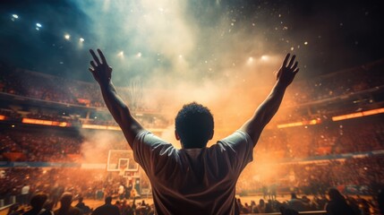 Basketball fan celebrates victory. Blurry basketball field - obrazy, fototapety, plakaty
