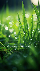  Luminous dew drops shine on lush greenery, capturing the essence of Dewy Spring Mornings.