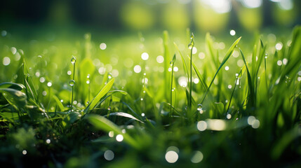 Lush grass sparkles with Emerald Spring Droplets, as morning sunlight bathes the field in a warm glow.