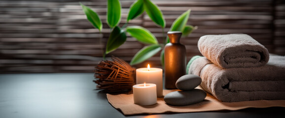 A tranquil spa setting with fluffy grey towels rolled up, a small green plant, and smooth river stones
