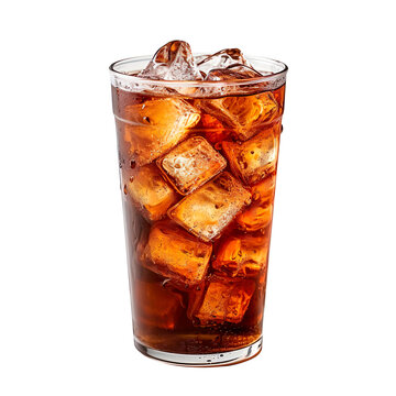 Glass glass filled with cola soft drink with ice, with transparency, PNG format