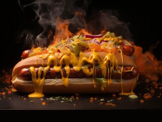 Sizzling Hot Dogs with Flaming Flavor: A Mustard & Cheese Feast! Generative AI