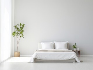 Experience Tranquility: Tour This Stunning Minimalist White Bedroom Design Enhanced by a Touch of Greenery! Generative AI