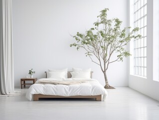 Simplicity and Serenity: Discover the Elegance of a Minimalist White Bedroom Generative AI