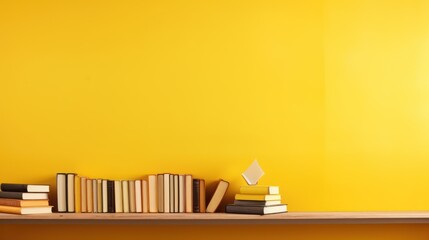  a row of books sitting on top of a wooden shelf next to a yellow wall with an origami bird on top of it.