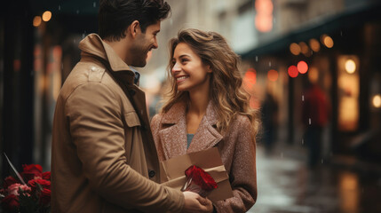 young handsome man gives a gift to a beautiful woman on a city street, date, love, Christmas, Valentine's day, guy and girl, romance, boyfriend, new year, family, couple of lovers, birthday, emotions - obrazy, fototapety, plakaty