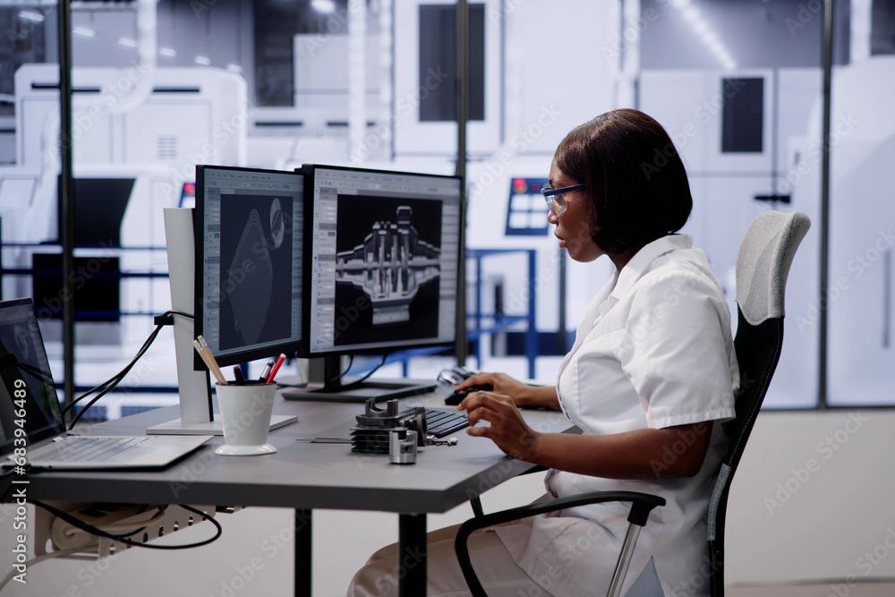 Poster engineer doing 3d cad model design on computer