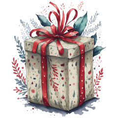 Watercolor Christmas Gift with Red Bow