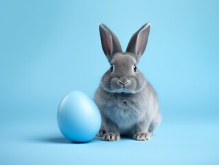 Fototapeta premium Discover the Enchanting Blue-Eyed Bunny With Its Exquisite Blue Easter Egg! Generative AI