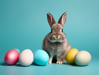 Fototapeta na wymiar Experience a Joyful Easter with This Adorable Bunny and Vibrant Eggs! Generative AI