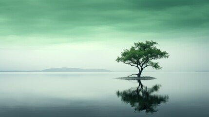  a lone tree sitting on a small island in the middle of a large body of water with mountains in the distance.