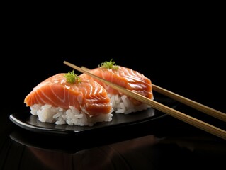 Unveiling the Culinary Art: Exquisite Salmon on Chopsticks with Dramatic Black Backdrop Generative AI