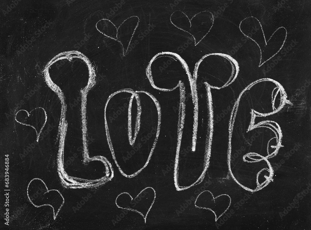 Wall mural icon love and heart, hand draw chalk on chalkboard, blackboard texture