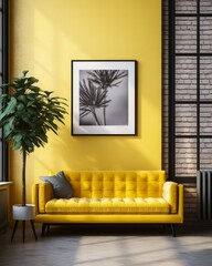 Bright & Minimalist: Discover The Charm of This Sun-Drenched Room With A Bold Yellow Couch Generative AI