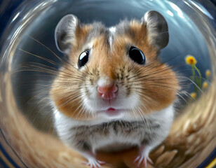 The hamster looks at the camera. Fish eye effect. Illustration for cover, postcard, greeting card, interior design, decor or print.