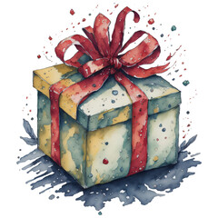 Watercolor Christmas Gift with Red Bow