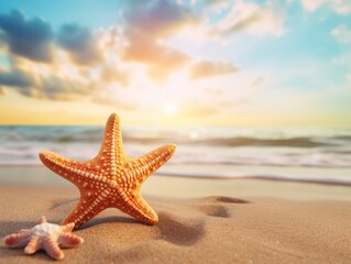 Fototapeta na wymiar Sunset Paradise: Starfish Embracing Tranquility on a Secluded Beach Generative AI