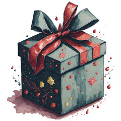 Watercolor Christmas Gift with Red Bow