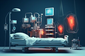 3d cartoon illustration of a hospital room with bed, machines, and equipment for diagnosis and treatment