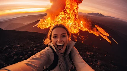 Fotobehang Woman taking a selfie with an active volcano © AI Studio - R