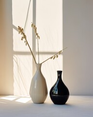 Elegant Noir: Discover the Allure of Minimalist Black Vases on a Pristine White Tabletop Generative AI