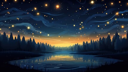 Fototapeta premium a painting of a night sky with stars and a lake in the foreground and trees in the foreground.