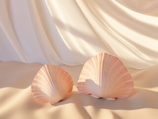 Exquisite Beauty of Dual Seashells Amidst Sandy Tranquility - Witness the Beach Artistry! Generative AI