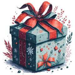 Watercolor Christmas Gift with Red Bow