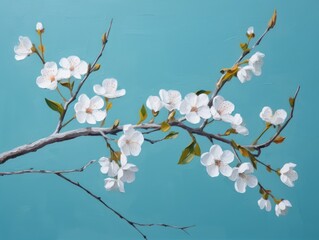 Unveiling Serenity: Exquisite White Cherry Blossom Branch against a Turquoise Backdrop Generative AI