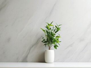 Revitalize Your Space: Stunning White Marble Wall Complemented by Lush Green Plants Generative AI