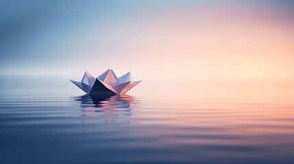  a paper boat floating on top of a body of water in the middle of a foggy sky at sunset.