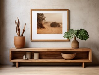 Discover Cozy Elegance: Stunning Wooden Living Room Decor With Plants & Pictures! Generative AI