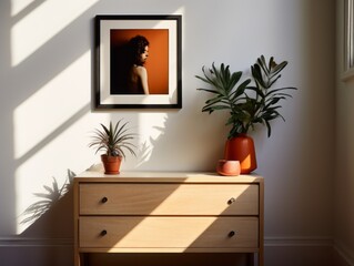 Sophisticated Black Frame: A Modern Chic Accent on a Wooden Dresser Generative AI