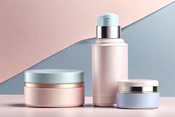 Chic pastel cosmetics packaging for skincare fragrance or toiletries on a serene background