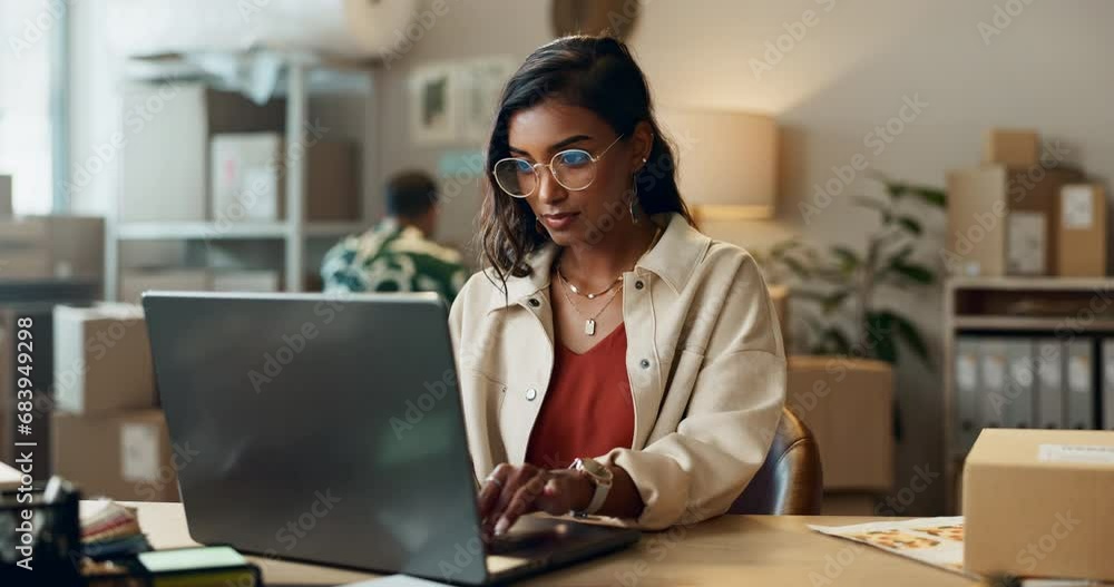 Poster work from home, woman and laptop for online work and order with ecommerce and website. female entrep