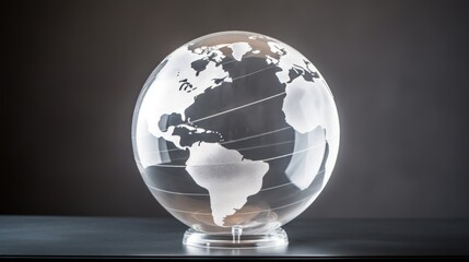 a clear glass globe with a black and white map of the world in the middle of the globe on a black surface.