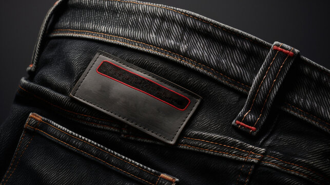 Label or tag on black jeans.