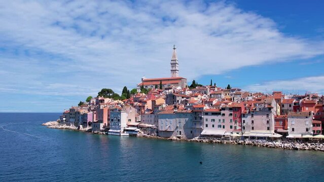 Daytime aerial drone panorama of old town Rovinj, famous ancient Croatian city at the sea. Istria, Croatia.