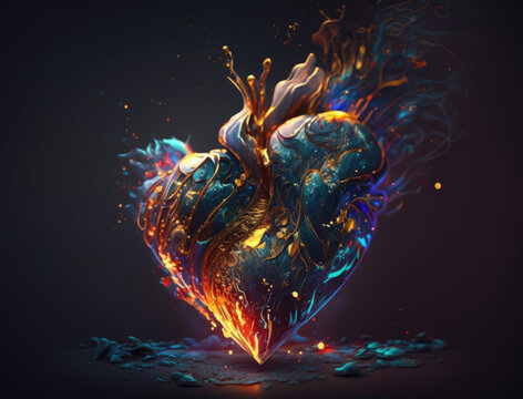 Neon Heart. Burning heart  on a black background