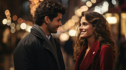 Fototapeta premium young handsome man gives a gift to a beautiful woman on a city street, date, love, Christmas, Valentine's day, guy and girl, romance, boyfriend, new year, family, couple of lovers, birthday, emotions