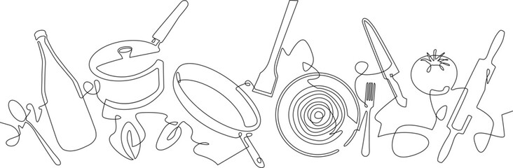 Vector illustration with food isolated on white background. Banner. Continuous line drawing style. Cooking.